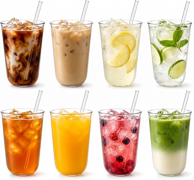 Set of 8 14.2 oz Clear Drinking Glass with Straws 420 ml Iced Tea Beer Cups Heat Resistant Kitchen Glassware for Juice, Beverage, Cocktail, Coffee, Soda by Ferrochef