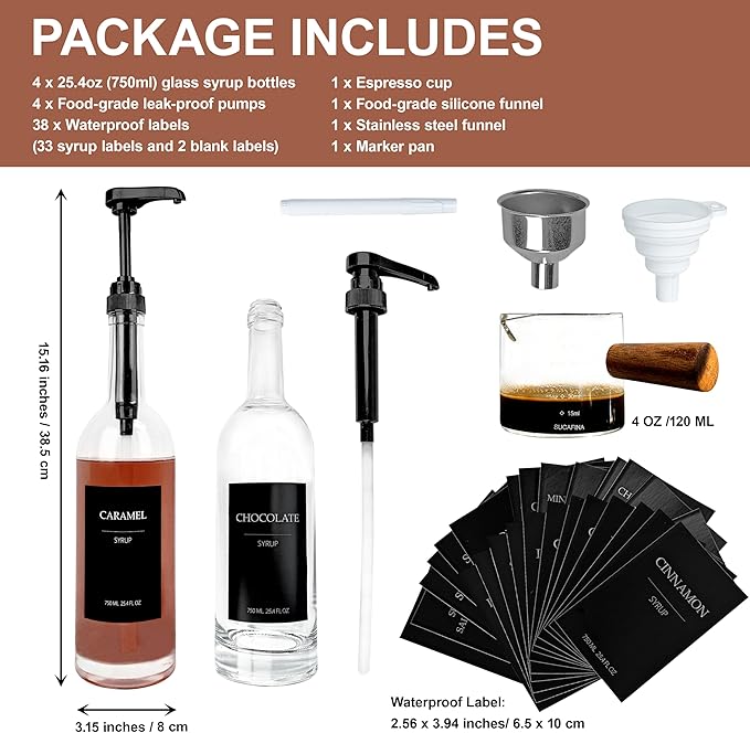 Coffee Syrup Dispenser, 25.4oz 750ml Glass Syrup Bottles, 4 Pack Syrup Dispenser for Coffee Bar With Large Leakproof Syrup Pump, 38 Labels, 120ml Espresso Cups