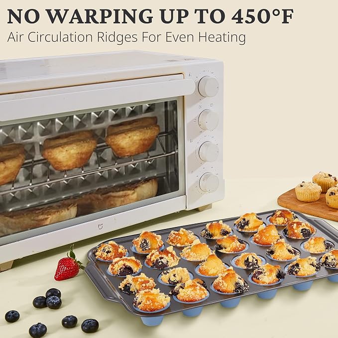 BRONYPRO 2-Pack 12 Cup and Mini 24 Cup Silicone Muffin Pans for Baking with Metal Frame, Egg Bite Molds, Muffin Tins Easy to Pop Nonstick Non Toxic Bakeware for Oven,Blue - Image 7