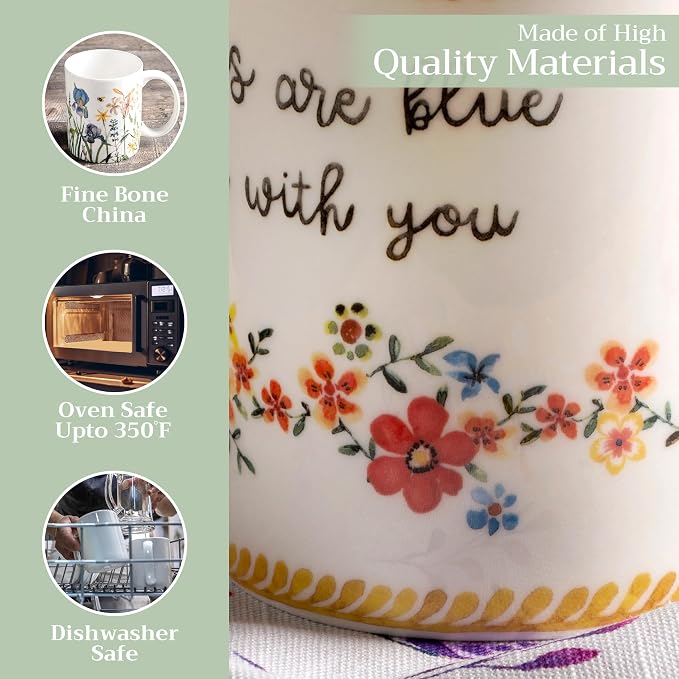 Maison d' Hermine Coffee Mug with Handles Tea Cups (12 Ounce, Pack of 1) | Fine Bone China Coffee Mugs for Hot Beverages Cappuccino Latte Home Spring Summer -Happy Florals - Sweety Roses Are Red - Image 3