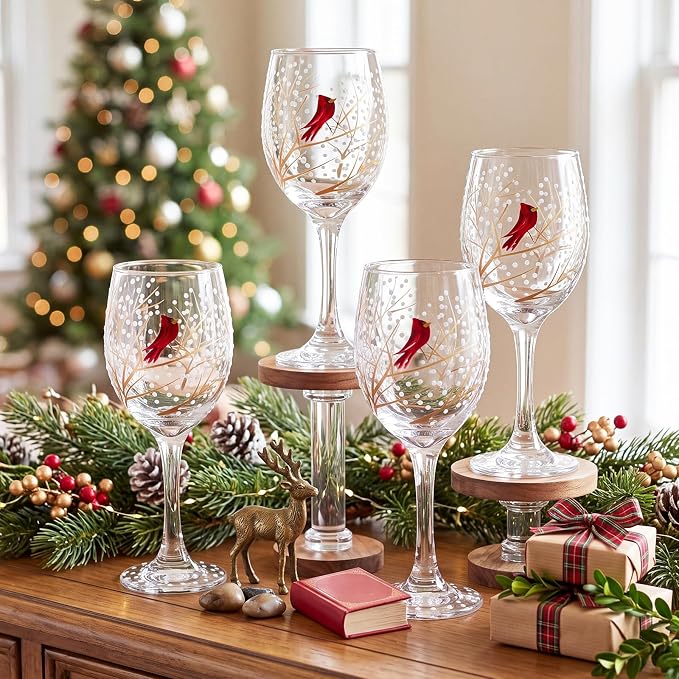 Yungyan Christmas Wine Glasses Set of 4 Hand Painted Cardinal Stemmed Goblets 15 oz Clear Glass Holiday Drinkware for Winter Dinner Party Festive Table Decor and Elegant Hostess Gifting Glassware by Yungyan