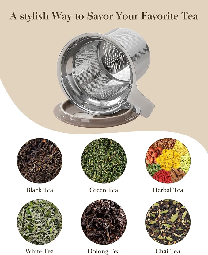 MALACASA Ceramic Tea Mug with Lid and Stainless Steel Infuser, 18 oz Large Tea Cup for Loose Leaf Tea, Heat-Resistant, Microwave & Dishwasher Safe, Speckled Glaze Coffee & Tea Brewer Mug, Khaki Brown - Image 7