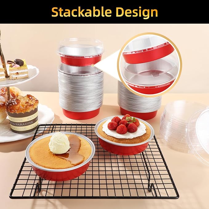Beasea 4 Inch Disposable Tart Pans with Lids, 120 Pack 8oz Mini Pie Tins Creme Brulee Ramekins Bright Red Aluminum Foil Pie Tart Cake Baking Pans Individual Round Containers Oven Safe for Baking - Image 6
