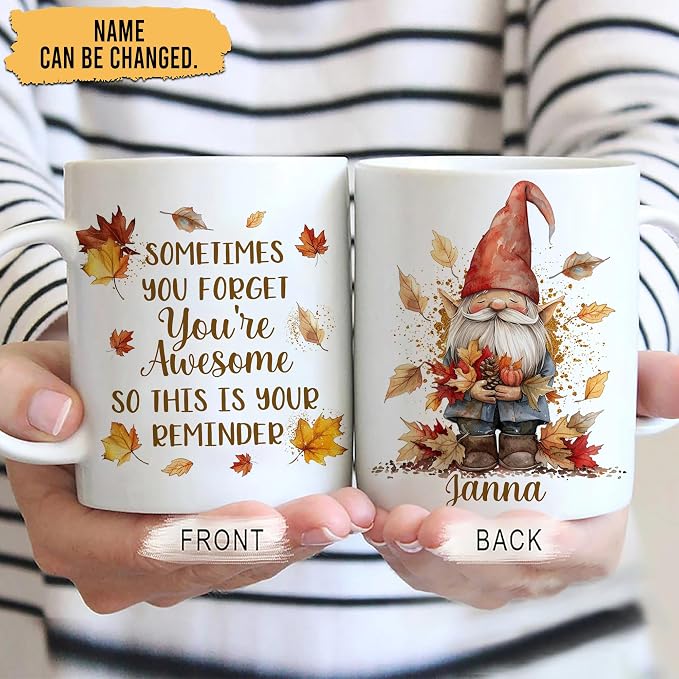 Hyturtle Personalized Fall Gnome Motivational Coffee Mug, Fall Autumn Décor | Gnomes Gifts For Women - Thank You Cup Gifts For Farmhouse Thanksgiving - Custom Name 11oz White Ceramic Coffee Tea Mug - Image 2