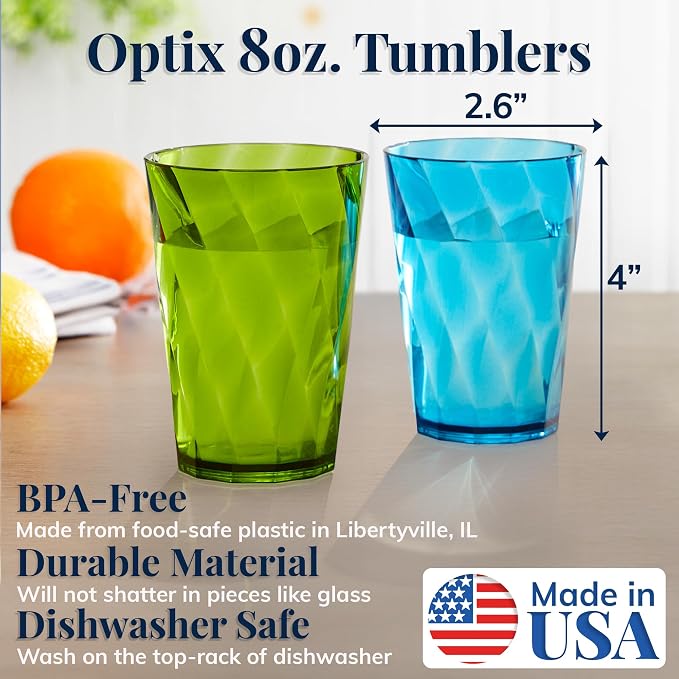 US Acrylic Optix Mini Plastic Reusable Drinking Glasses (Set of 8) 8oz Juice Cups in Jewel Tone Colors | BPA-Free Tumblers, Made in USA | Top-Rack Dishwasher Safe - Image 2