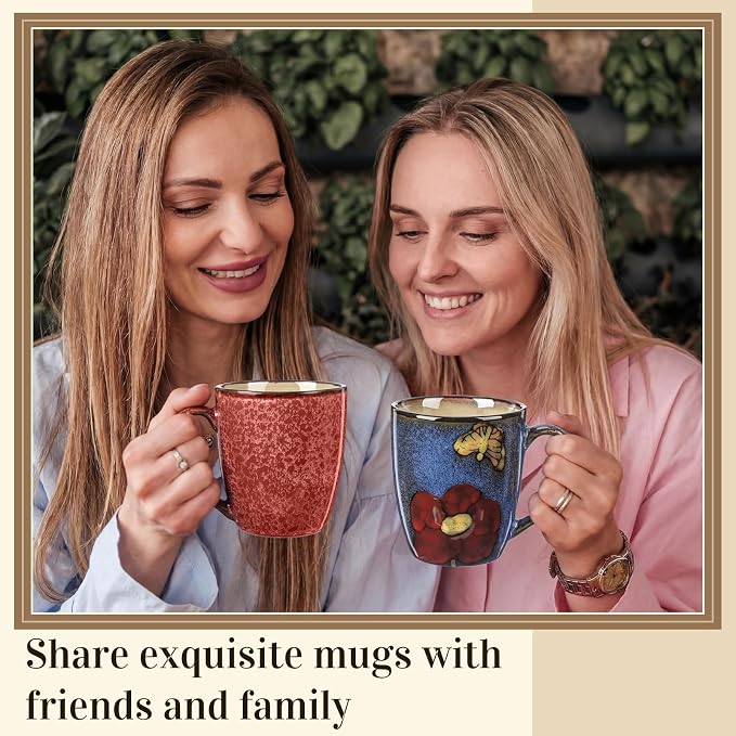 Maxdot 2 Pcs 12oz Ceramic Coffee Mugs Sets Glazing Process Cappuccino Mug Floral Ceramic Tea Cups Idea Gift Set for Women Porcelain Cup for Coffee, Cocoa, Tea, Latte (Retro) (Rustic) - Image 7