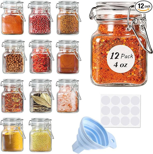 SPANLA Spice Jars, 12 Pack 4oz Small Glass Jars with Airtight Hinged Lid, With 12 Spice Labels & Silicone Funnels, Airtight Glass Jars for Spices, Art Craft Storage (12 Pack) by SPANLA