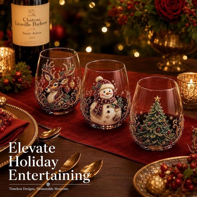 Christmas 3D Raised Glass Cup, Stemless Santa Wine Glass, Luxury Holiday Glassware for Coffee Tea Juice Milk Drinks - Image 5
