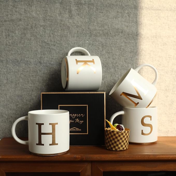 COLLECTIVE HOME - Monogram Ceramic Mugs, 15 oz Golden Initial Coffee Cups, Elegant Alphabet Tea Mugs, Elegant Personalized Mug with Gift Box, Unique Mug with Double Side Capital Letter (M) - Image 6