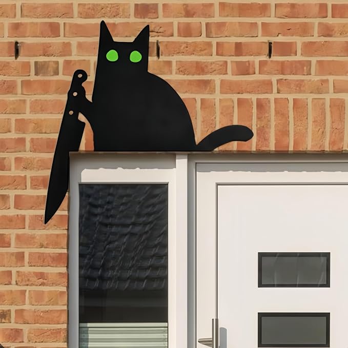 2025 New Year Gift - Cute Metal Door Topper Love You Bye Over Door Frame Decor Corner Sign Black Ornaments Wood Decorations Funny Christmas (Green Hollow Eyes Cat) - Image 5