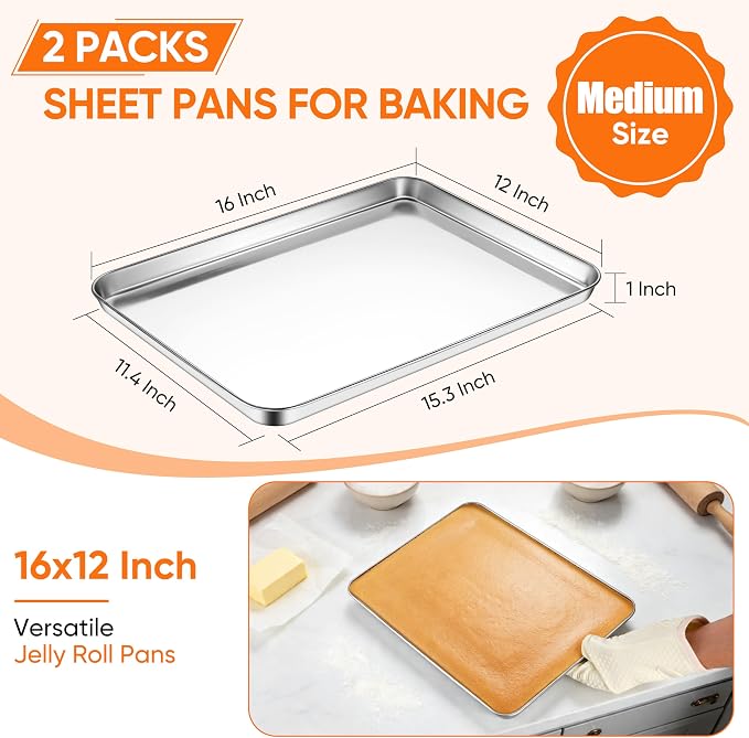 LIANYU Cookie Sheets for Baking, Jelly Roll Pan for Oven, 16x12 Inch, 2PCS | Stainless Steel Baking Tray Pan, Healthy Metal Tray for Home Bakery Hotel Restaurant, Heavy Duty, Dishwasher Safe, No Coating - Image 2