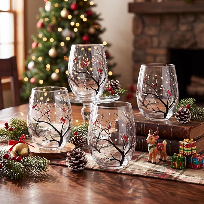 Yungyan 4 Pack Christmas Stemless Wine Glasses, 15 oz Hand Painted Holiday Drinking Tumblers with Cardinal & Snowy Tree Branch Design, Festive Winter Glassware for Xmas Party, Cabin, Home Decor by Yungyan