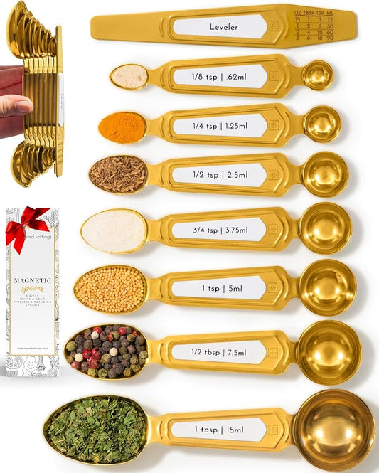 Styled Settings White and Gold Measuring Spoons with Leveler, 8-Piece | Dual-Sided, Stackable, Stainless Steel Magnetic Measuring Spoons Set - Fits in Spice Jars, White and Gold Kitchen Accessories by STYLEDSETTINGS