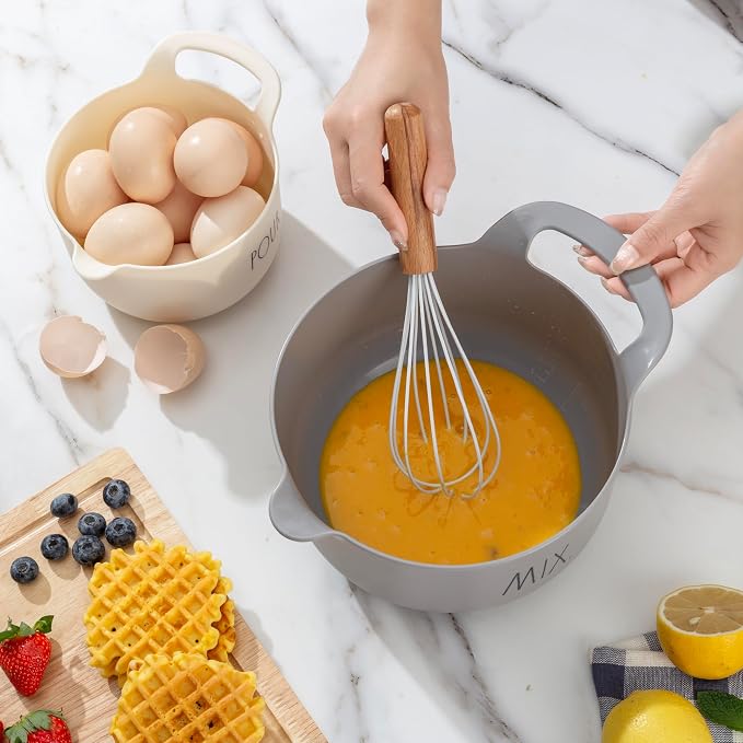 Rae Dunn Non-Slip Mixing Bowls - 4 Piece Nesting Plastic Mixing Bowl Set with Pour Spouts and Handles-Measurement Markings (Grey) - Image 7