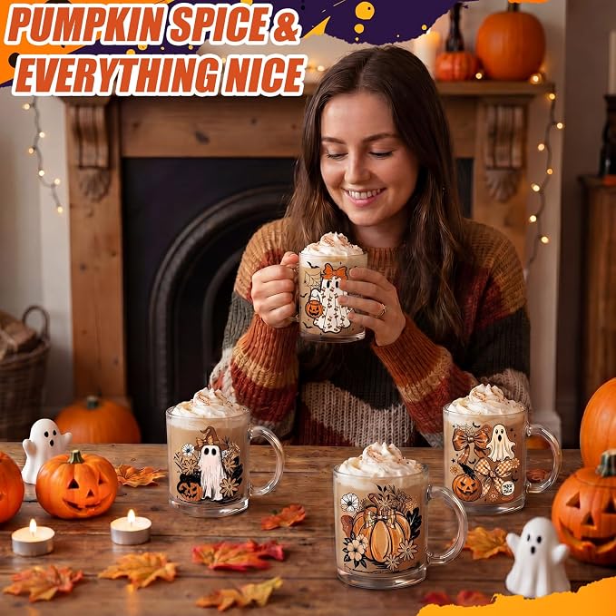 Tioncy 4 Pcs Halloween Ghost Coffee Mugs 12 oz Pumpkin Glass Cups with Handle Orange Bow Coffee Cup Horror Gifts Drinking Containers for Halloween Holiday Party - Image 3