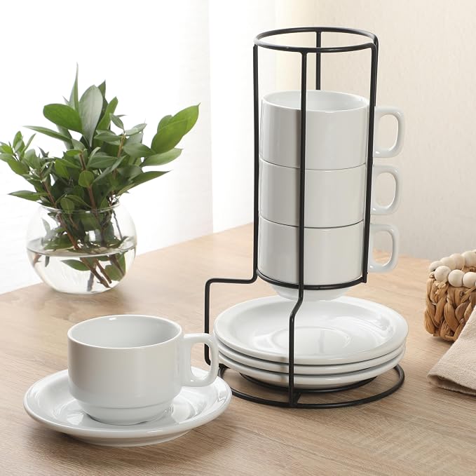 Gibson Home Gracious Dining 7-Ounce Cappuccino Cups Set of 4, Stackable Coffee Cups with 4 Saucers, Metal Stand, Coffee Mugs for Latte, Café, Mocha, Tea - Image 4