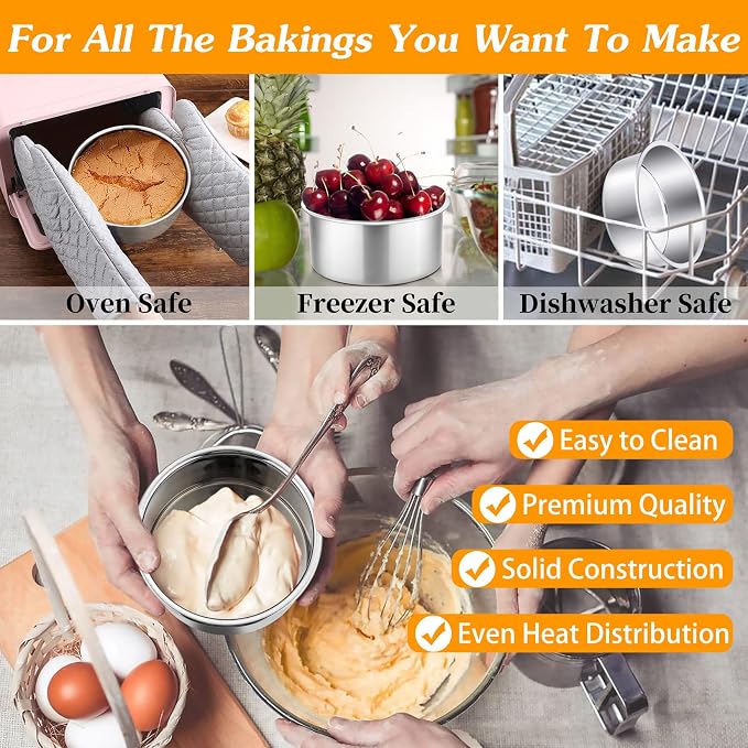 P&P CHEF 4 Inch Cake Pan Set of 4, Stainless Steel Round Cake Pans Tins | Baking Round Cake Bakeware for Birthday Wedding, Leak-proof & Mirror Finish & Easy Releasing, Dishwasher Safe - Image 5