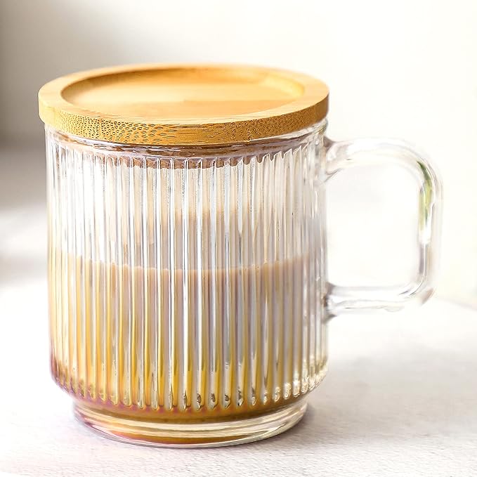 Lysenn Iridescent Glass Coffee Mug with Lid - Premium Classical Vertical Stripes Glass Tea Cup - for |Latte|Tea|Chocolate|Juice|Water| - Unleaded - Bamboo Lid - 12.5 Ounces