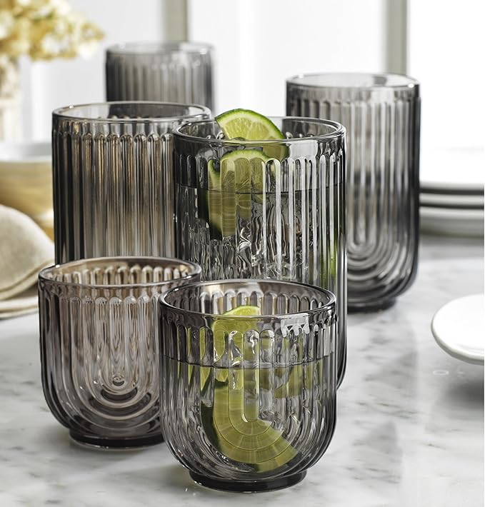 Glaver's 8 Piece Smoke Glassware Set, Art Deco Black Drinking Glasses, Ribbed U-Shape Design, 4 Highball 17oz and 4 Whiskey 11oz DOF Arch Drinkware - Image 4
