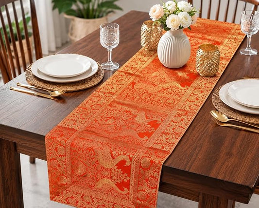 Indian Handmade Peacock Design Table Runner 60 x 16 Inch | Traditional Orange Decorative Table Linen for Dining Table, Console Table, Coffee Table & Home Décor by Unknown
