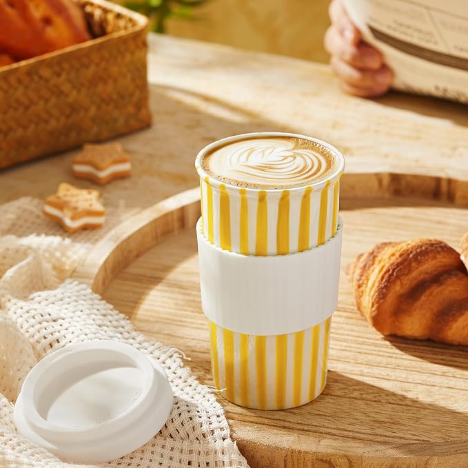 Ceramic Travel Mug with Lid (12 oz) – Cute Coffee Cup for Women & Men, Bright Aesthetic Travel Mug, Microwave & Dishwasher Safe, Fits Car Cup Holder (Yellow) - Image 7