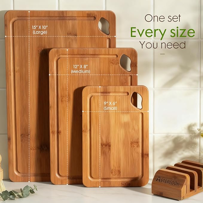 Astercook Deep-Carbonized Bamboo Cutting Boards for Kitchen with Wood Storage Stand, Reversible Charcuterie & Chopping Boards with Juice Grooves and Easy-Grip Handles, Fathers Day Gift for Men - Image 8
