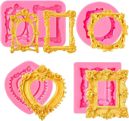 4 Pcs Photo Frame Silicone Molds, Baroque Style Picture Photo Frames Fondant Molds for Cupcake Topper, Chocolate, Candy, Donut Cake Puck Decoration and Clay Craft Making