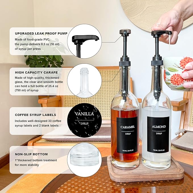 Coffee Syrup Dispenser, 25.4oz 750ml Glass Syrup Bottles, 4 Pack Syrup Dispenser for Coffee Bar With Large Leakproof Syrup Pump, 38 Labels, 120ml Espresso Cups