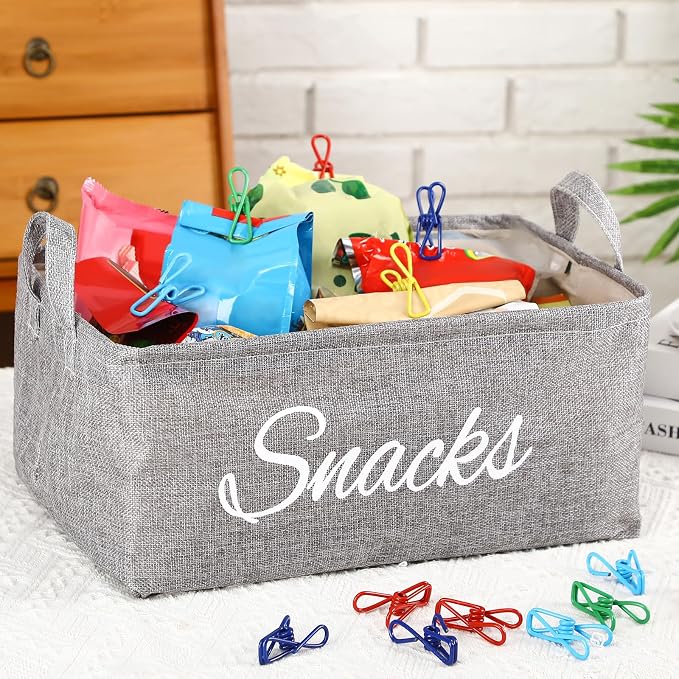 17 Pcs Snack Basket Sets, Snack Storage Bin for Pantry Shelves with 16 Pcs 2 Inch Chip Clips, Basket Organizer for Kitchen Home, Chips, Popcorn, Candy, Pretzels(Burlap,Grey) - Image 2