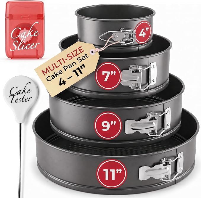 Cheesecake Pan and Springform Cake Pan Set - 4, 7, 9 and 11 in, NONSTICK | with CAKE SLICER and TESTER; INSTANT POT – Compatible; Easy-open Latches for Cheesecakes, Layer Cakes, Quiches; for Gifting by PetitsDesserts