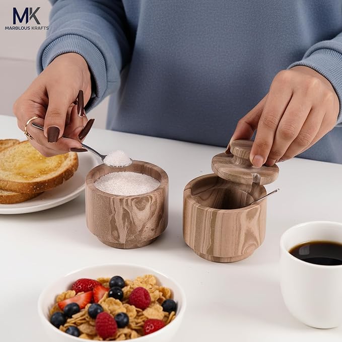 MARBLOUS KRAFTS Marble Salt Cellar with Lid and Spoon 3" Inch Natural Brown Salt and Pepper Dish, Sugar and Salt Bowls Countertop, Coffee Container, Spice Jars, Candy Jar - Image 4