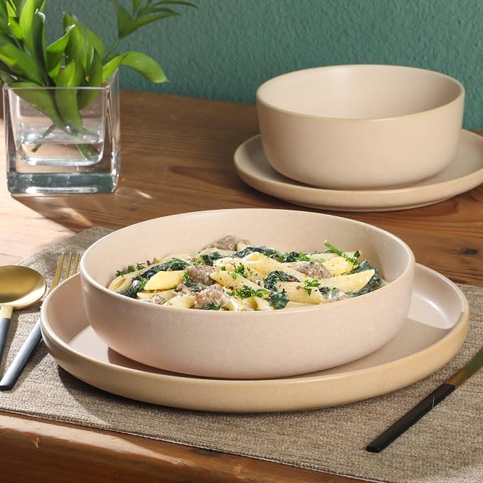 Gibson Elite Pasco 16 Piece (Service for 4) Plates and Bowls Double Bowl Reactive Glaze Dishes Stoneware Ceramic Dinnerware Set - Cream - Image 2