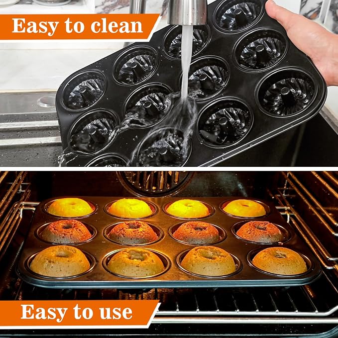 Webake 2 Pack Mini Fluted Tube Cake Pan, Non-Stick 2.8 Inch Cake Pans, Heavy Gauge Carbon Steel 12-Cavity - Image 5