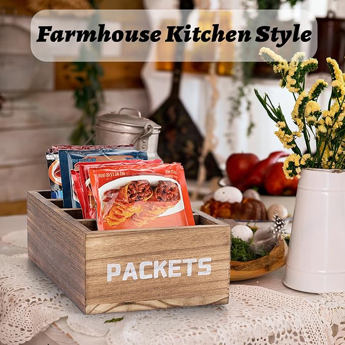 BSTKEY Seasoning Packet Organizer, Food Packet Storage Organizer with 4 Compartments, Wooden Storage Caddy for Kitchen Pantry Cabinet, Farmhouse Kitchen Organization Bin for Snacks Spice Packets - Image 5