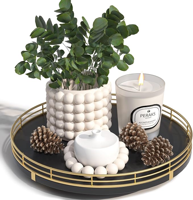 Oroyutor 10-Inch Oak Lazy Susan Decorative Tray with Gold Finish | Rotating oak tray organizes spices, toiletries and decor on kitchen counters, bathroom vanities, dining and coffee tables. by Oroyutor