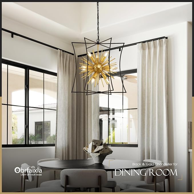 Modern 23.2" Black Gold Sputnik Chandelier for Dining Room Industrial Retro Geometric 12-Light Ceiling Pendant Light Fixture for Kitchen Island Bedroom Living Room Hallway Entryway Foyer - Image 3