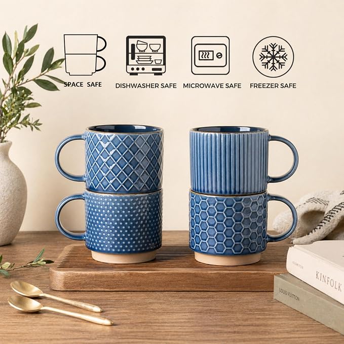 GBhome 12 OZ Stackable Coffee Mugs Set of 6, Ceramic Coffee Cups Set | 3 Assorted Designs, Embossed Mugs with Texture Patterns for Tea/Latte/Cappuccino, Dishwasher&Microwave Safe - Image 7