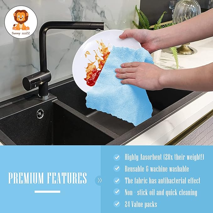 24 Pack Kitchen Dishcloths - Does Not Shed Fluff - Reusable Dish Towels, Dish cloths, Super Absorbent Coral Fleece Cleaning Cloths, Nonstick Oil Washable Fast Drying, 7 x 9 Inch (Aquamarine) - Image 6