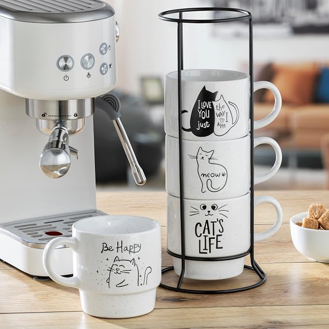 Signature Housewares Stackable Coffee Mug Tower Set with Metal Wire Rack - 15 Ounce Coffee Mugs for Coffee, Tea, Cocoa, Milk, Cappuccino, Hot Chocolate Set of 4 - Cat's Life - Image 4