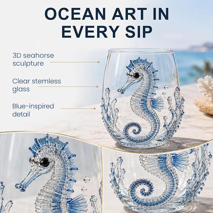 Coastal Stemless Wine Glasses Set of 4, 12oz 3D Ocean Animal Artisan Glassware Collection with Unique Sea Life Designs (G - Set of 1) - Image 2