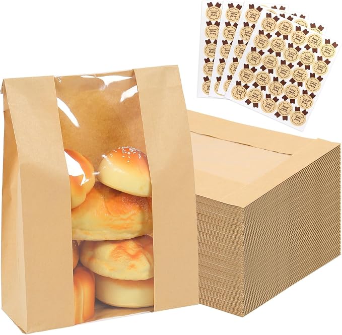 300 Packs Paper Bread Bags for Homemade, Sourdough Bread Bags with Clear Window Includes Label Seal 300 Pcs Stickers, Bakery Packaging Storage for Cookies Snack (13.7x8.2x3.5 inch) by DeziWood