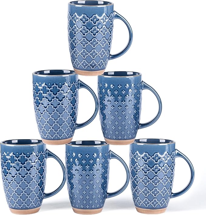 GBhome 20oz Large Coffee Mugs Set of 6, Handmade Tall Ceramic Coffee Mugs with Texture Patterns for Cappuccino, Latte,Hot Cocoa, Dishwasher & Microwave Safe-Moonlight Blue by GBhome