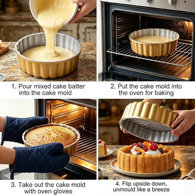 Charlotte Cake Pan Set of 2, 9.45Inch Nonstick Aluminium Ladyfinger Cake Mold for Baking, Gold Round Baking Pan for Tiramisu, Shortcake, Mousse and Cheesecake, Food-Grade Bakeware for Home Baking - Image 5
