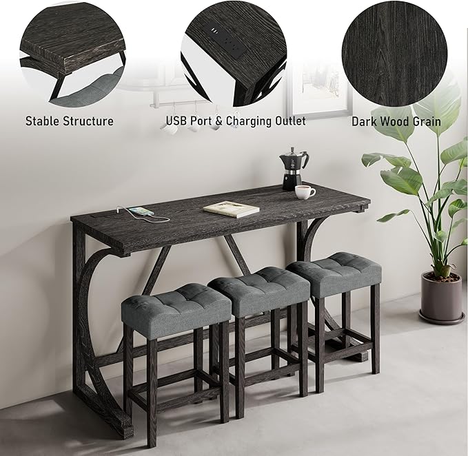 allamazing 4-Piece Counter High Bar Table Set with Socket and 3 Fabric Padded Bar Stools, Tall Kitchen Breakfast Nook with Stool, Black - Image 3