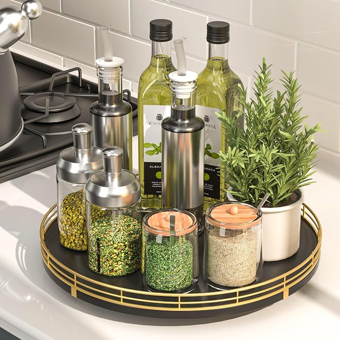 Oroyutor 12-Inch Oak Lazy Susan Spice Organizer with Gold Metal Rail | Rotating oak tray organizes spices, toiletries and decor on kitchen counters, bathroom vanities, dining and coffee tables. by Oroyutor