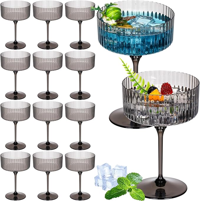 Jingmore 12 Pcs Ribbed Martini Glasses 10 oz Disposable Plastic Vintage Ribbed Coupe Glasses Unbreakable Dessert Parfait Glassware for Wedding Birthday Party Supplies (Black) by Jingmore