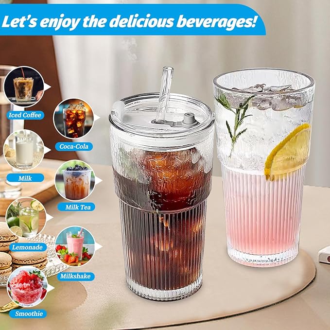 20 oz Glass Tumbler with Lid and Straw, 2 Pack Clear Ribbed Iced Coffee Cup, High Borosilicate Glass Tumbler, Reusable Vintage Glassware for Iced Coffee, Smoothies, Cocktails, and Juices (Pattern)
