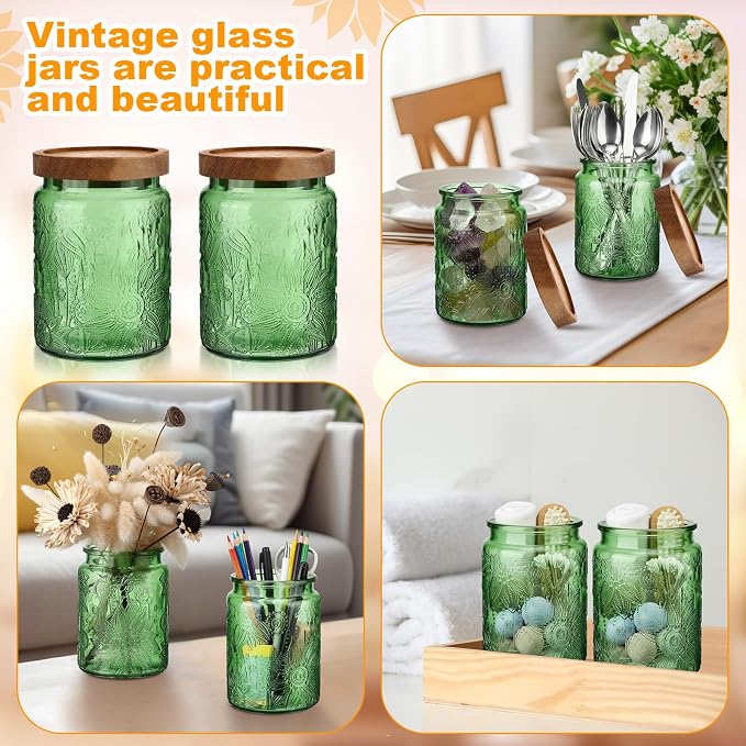 LemonRoad 2 Pcs Vintage Glass Storage Jars 23.67 oz Candy Jar Canister with Solid Wood Lids Food Storage Container for Kitchen, Ground Coffee, Tea, Sugar, Decorative Mason Cookie Jars (Green) - Image 5