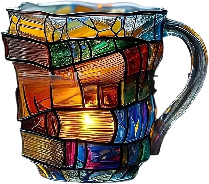 3D Painted Glass Mug Colorful Ceramic Coffee Cup 12oz, Hand-Painted Vintage Style Mug for Readers, Book Lovers, Women, Gift for Birthday or Office Use