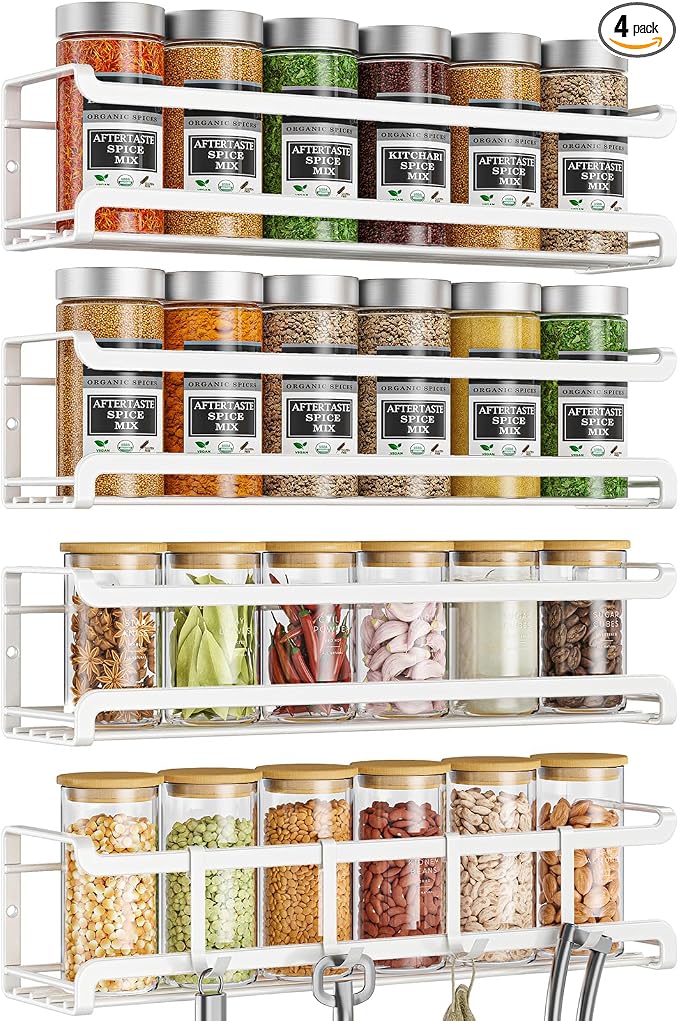 Bunoxea Spice Rack Wall Mounted 4 Pack, White,11.41x2.75x2.75in | 4 Removalble Hooks,Screw or Adhesive Hanging,Space-Saving,For Kitchen Cabinet, Pantry Door,Stove,RV by Bunoxea